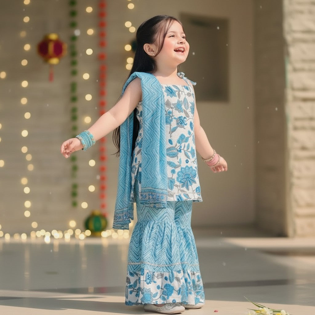 Cotton Blue Floral Print Kurti with Sharara and Dupatta Set