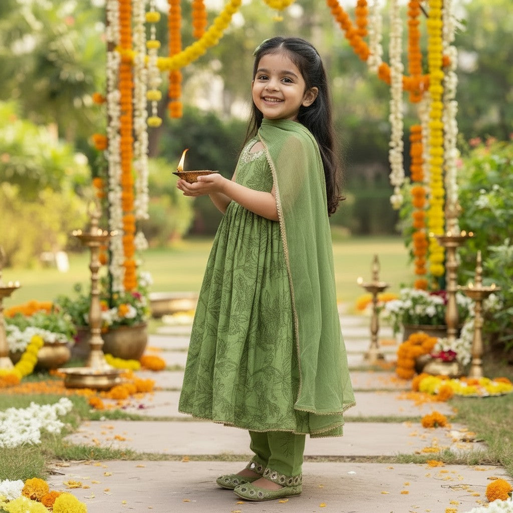 Green Printed Anarkali Kurta Set with Dupatta