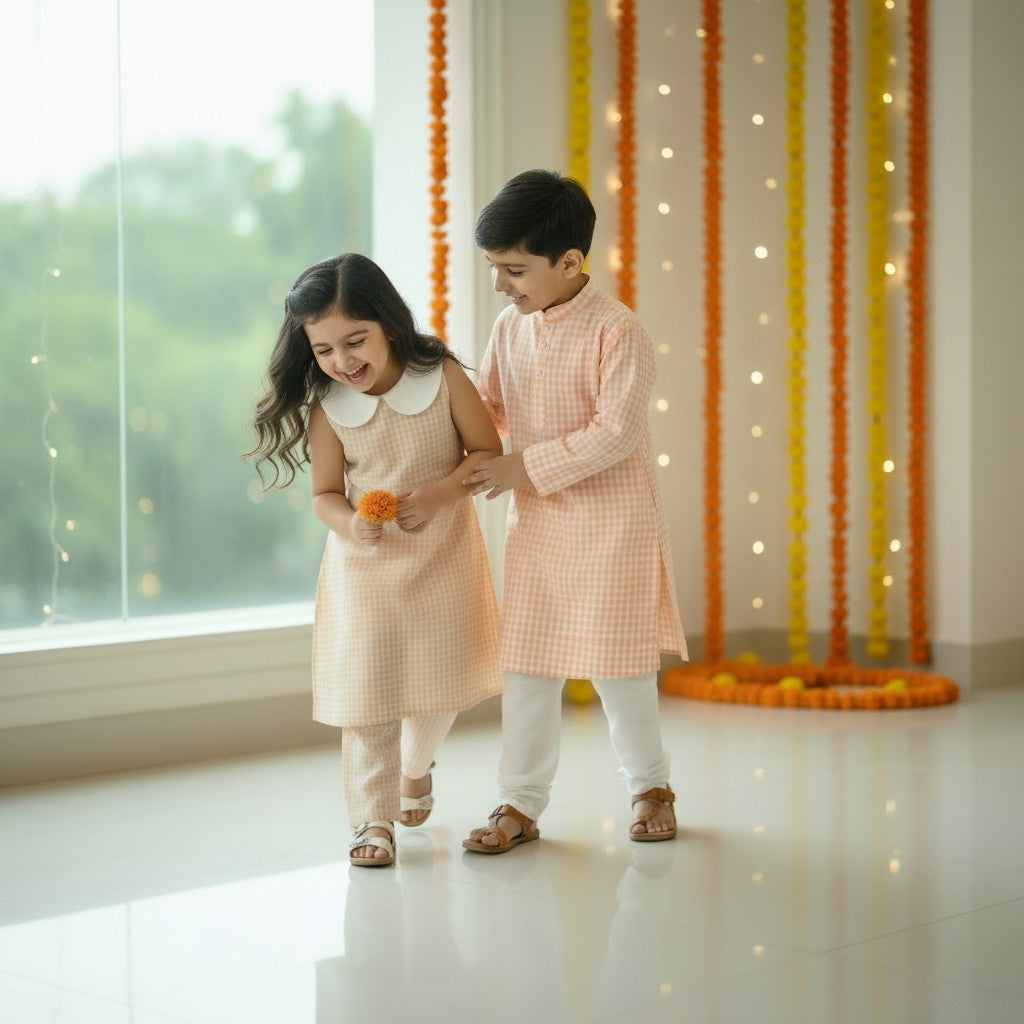 Peach Checks Cotton Sibling Sets