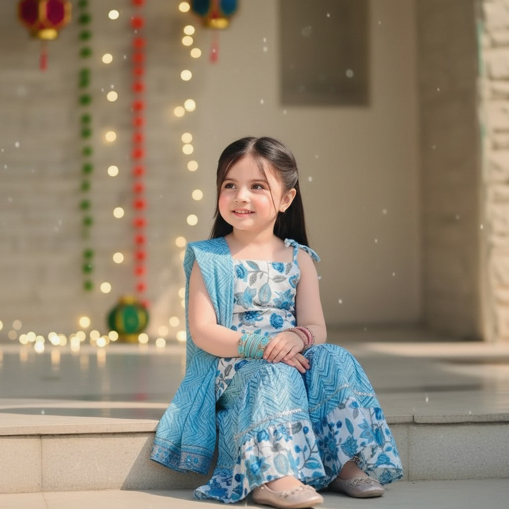 Cotton Blue Floral Print Kurti with Sharara and Dupatta Set