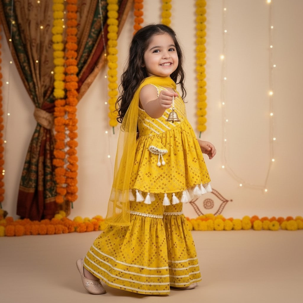 Cotton Yellow Bandhani Print Peplum Top with Sharara and Dupatta Set