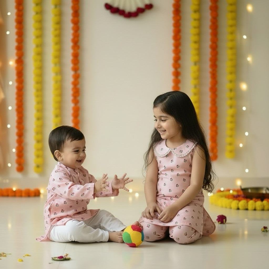 Baby Pink Cotton Sibling Set
