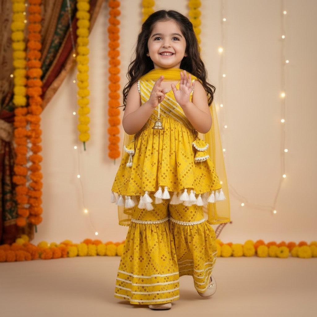 Cotton Yellow Bandhani Print Peplum Top with Sharara and Dupatta Set