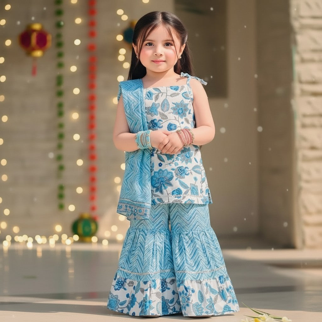 Cotton Blue Floral Print Kurti with Sharara and Dupatta Set