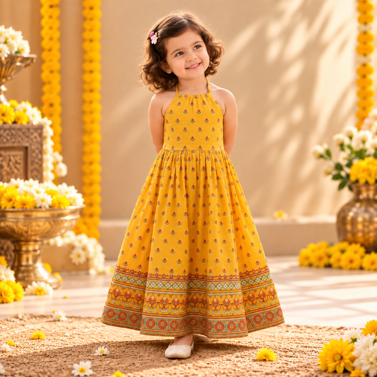 Mustard Yellow Printed Festive Dress for Girls