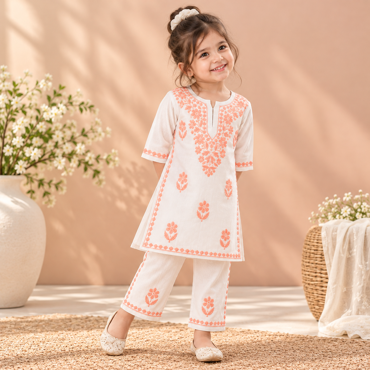 Mulmul Cotton Chikankari Solid Girls Kurta Set - Blue