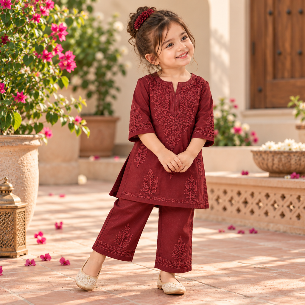 Rayon Monochrome Chikankari Girls Kurta Set