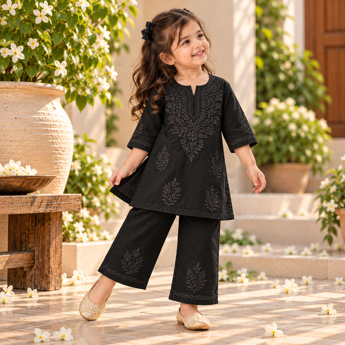Rayon Monochrome Chikankari Girls Kurta Set