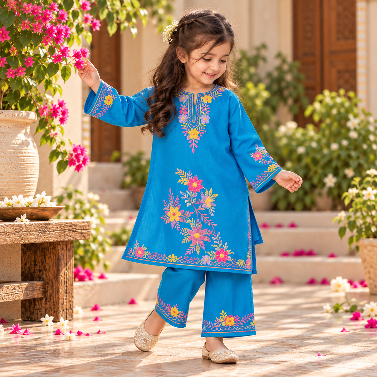 Woolen Embroidered Girls Pheran Kurta Set