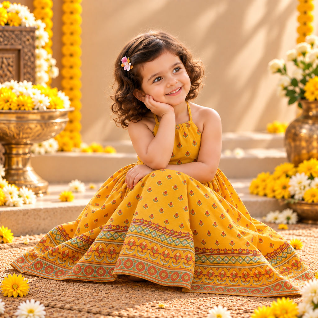 Mustard Yellow Printed Festive Dress for Girls
