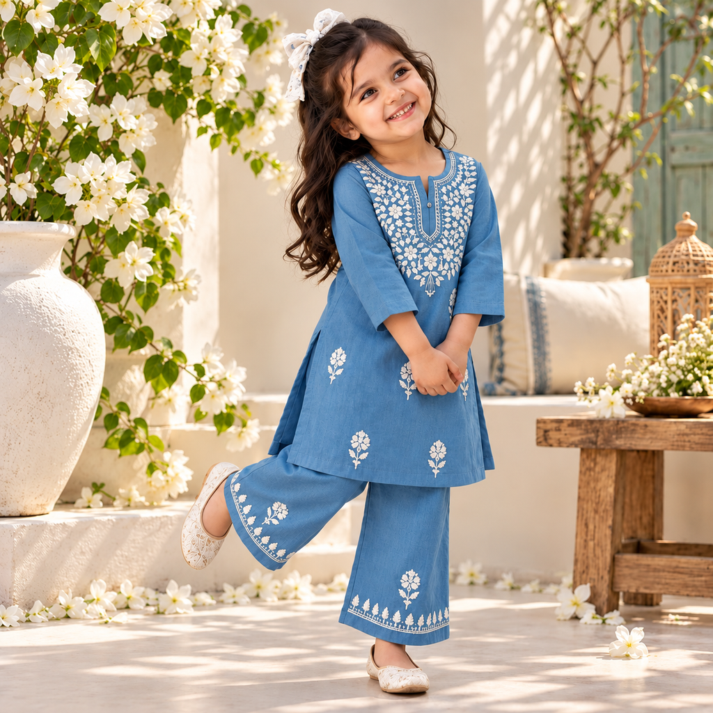 Rayon Chikankari Solid Girls Kurta Set