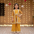 Cotton Yellow Floral Print Crop Top with Jacket and Sharara Set