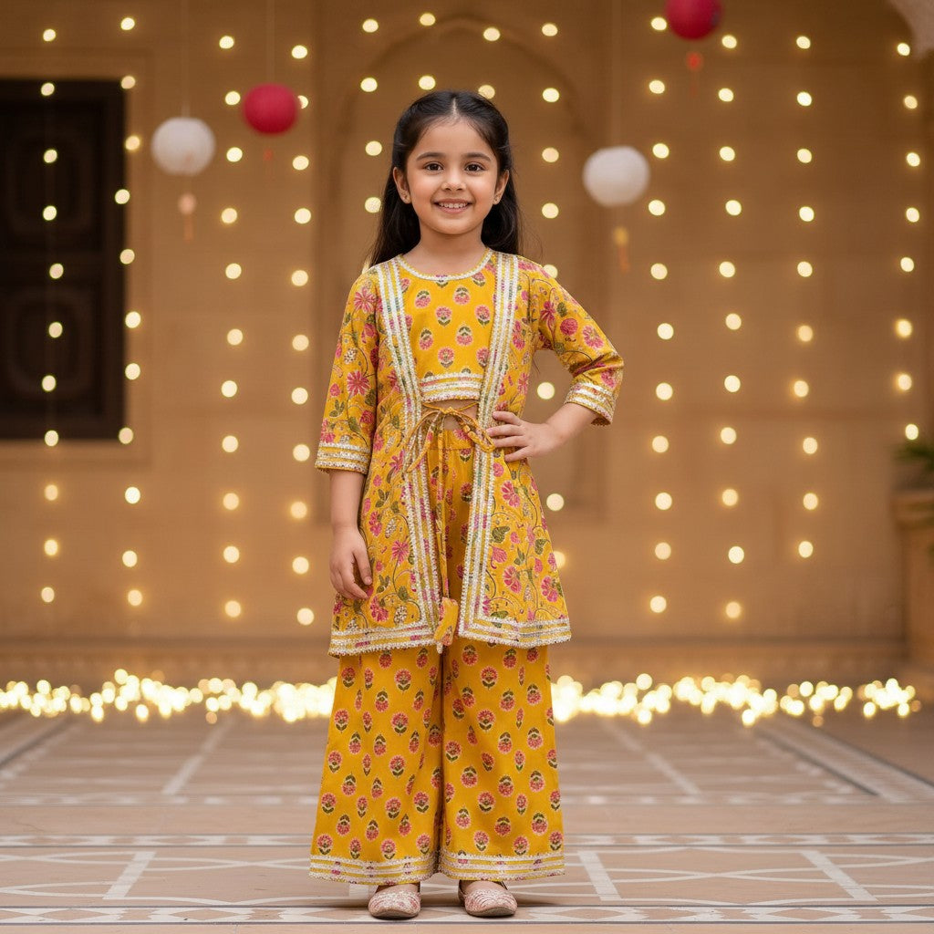 Cotton Yellow Floral Print Crop Top with Jacket and Sharara Set